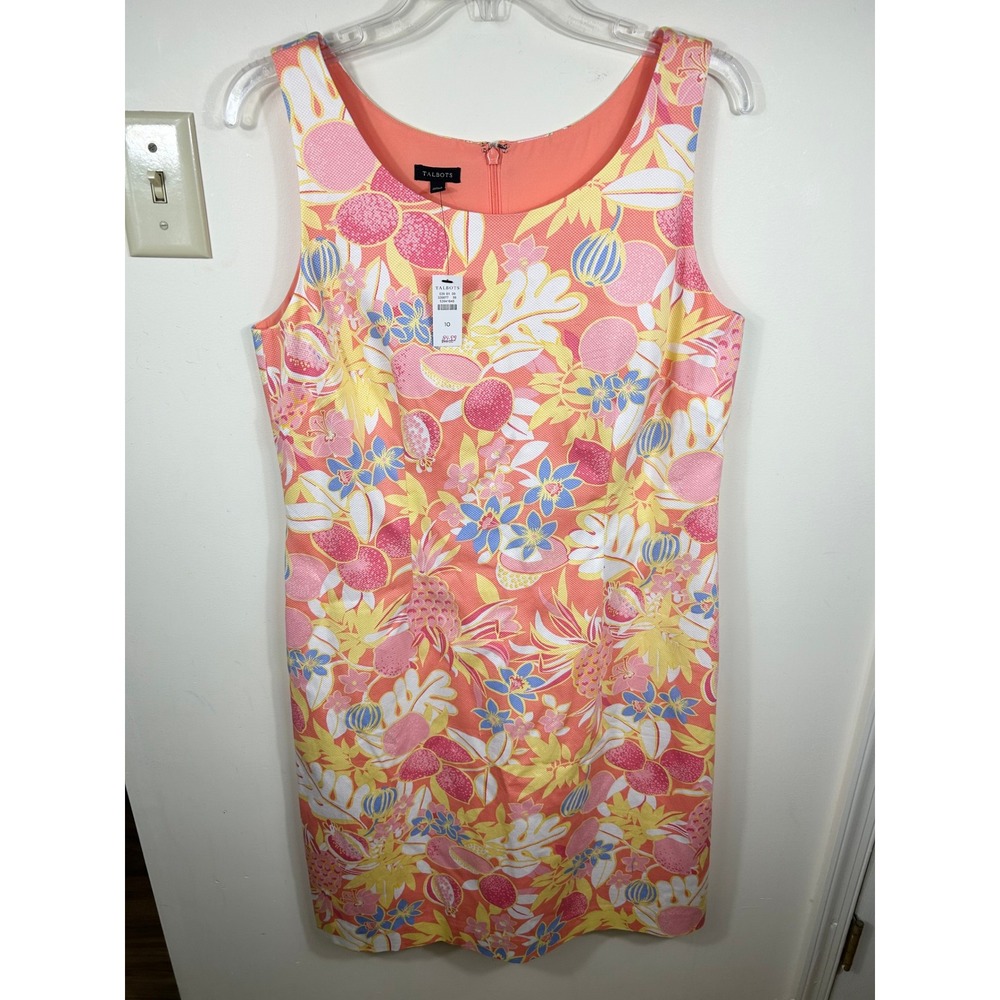 Talbots Shift Dress Sz 10 Pink Textured Fruit Flowers Tropical Preppy Sunkissed